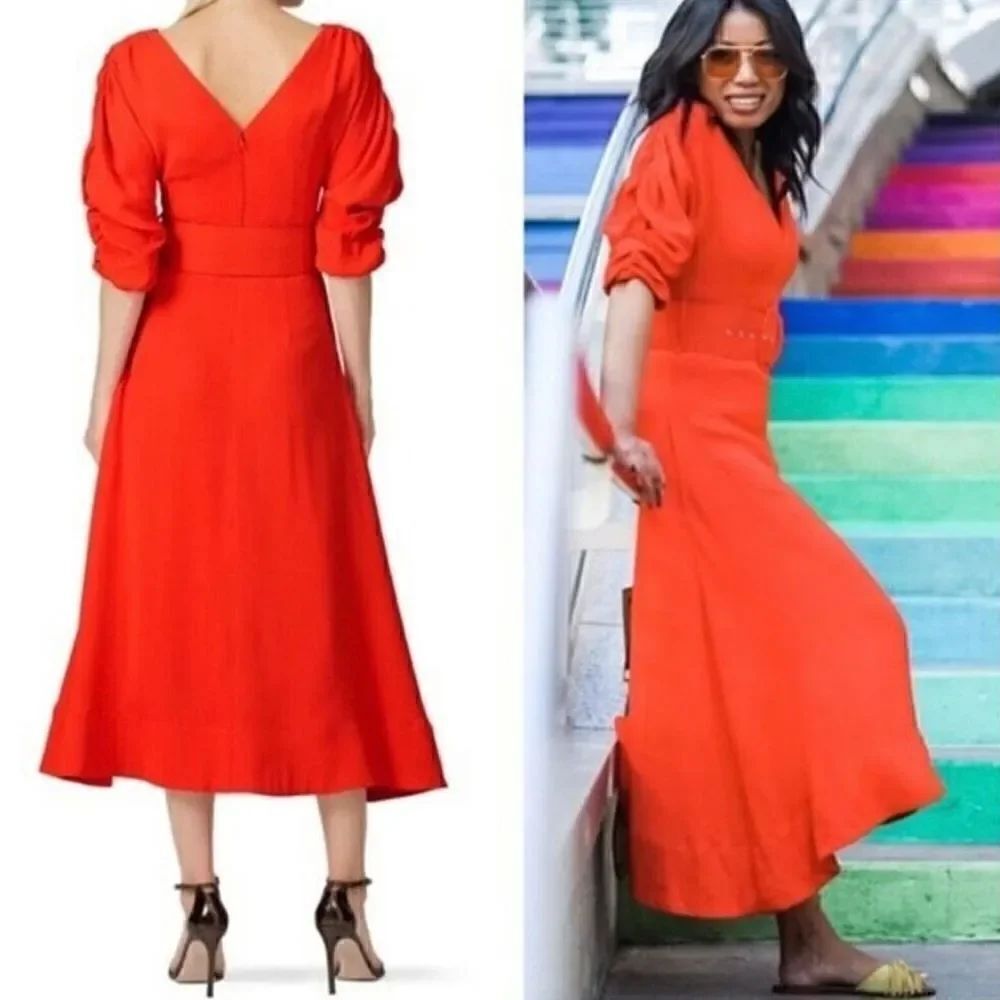 Nicholas Red v neck midi dress with ruched sleeves size 6